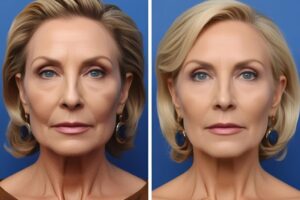 before and after photos of a woman after getting a deep plane facelift