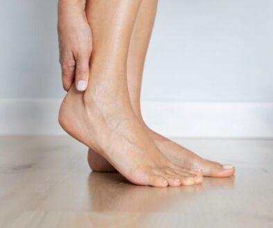 The woman checks to see if her ankle is still dark.